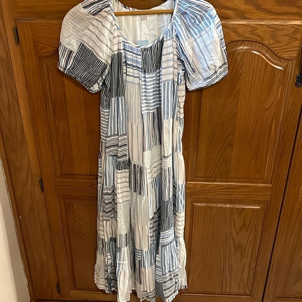 LOFT Blue and White Striped Midi Dress